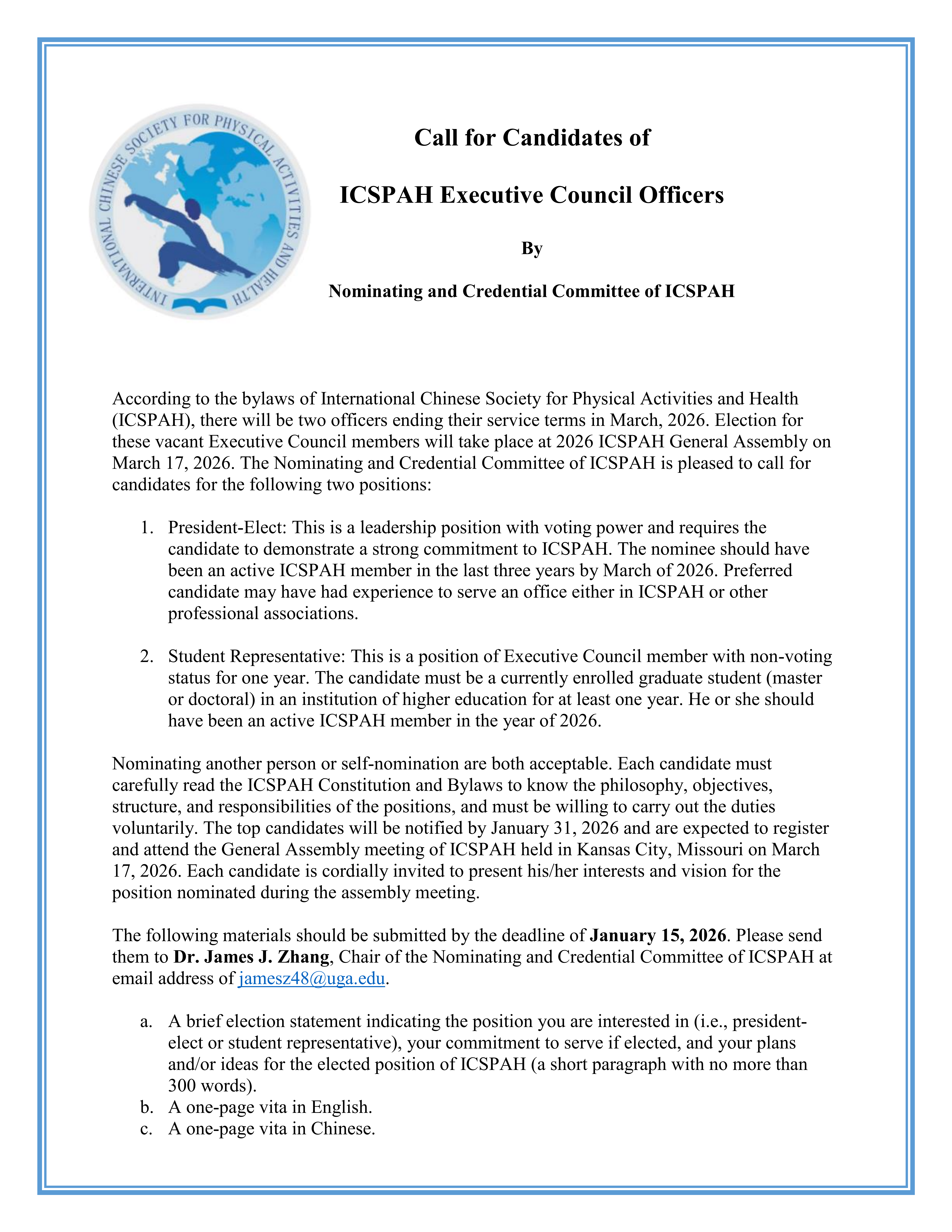 Call for Candidates of ICSPAH Executive Council Officers