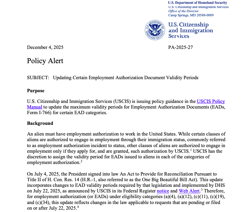 EAD新规警报:工卡最多18个月,工作可能受影响