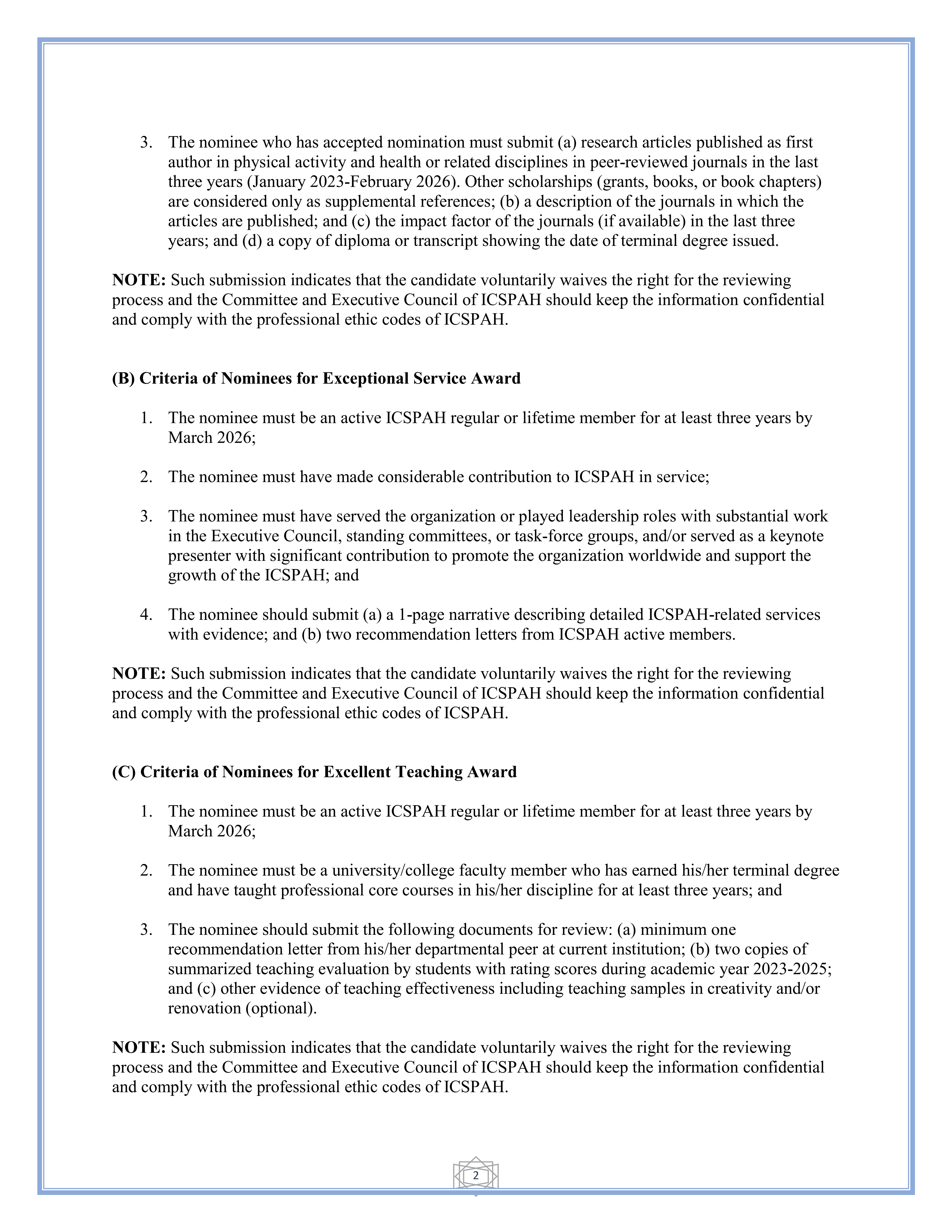 Call for Nominations of ICSPAH Awards 2026