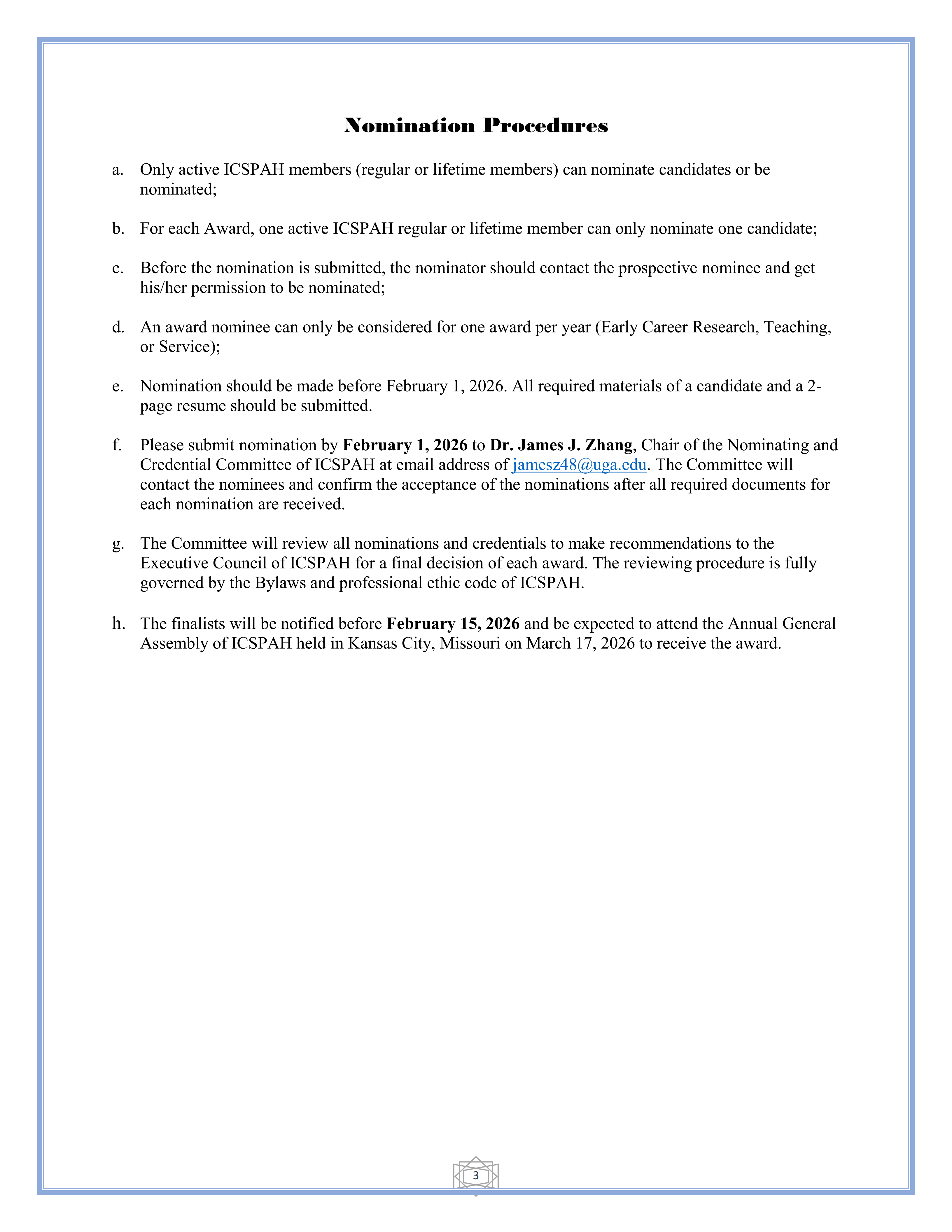 Call for Nominations of ICSPAH Awards 2026